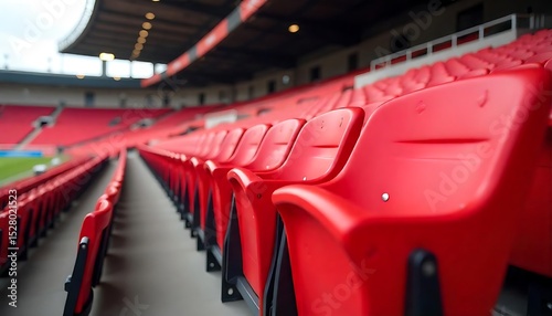 Red stadium seats. Empty sports arena seating. Rows of chairs are ready for a football game or, concert. Public place. Nobody. Rows of seats. Sport event background., created with generative ai