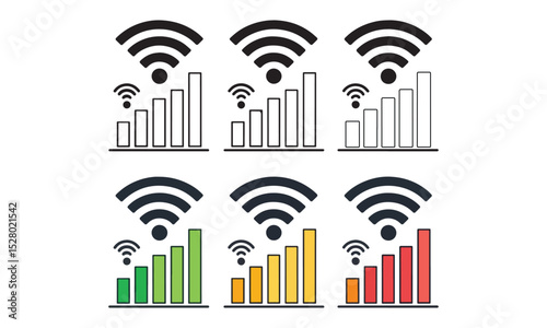 Set of vector Wi-Fi icon for communication, telecommunication. Communication wireless signal level wifi. Clipart illustration. Mobile bar status