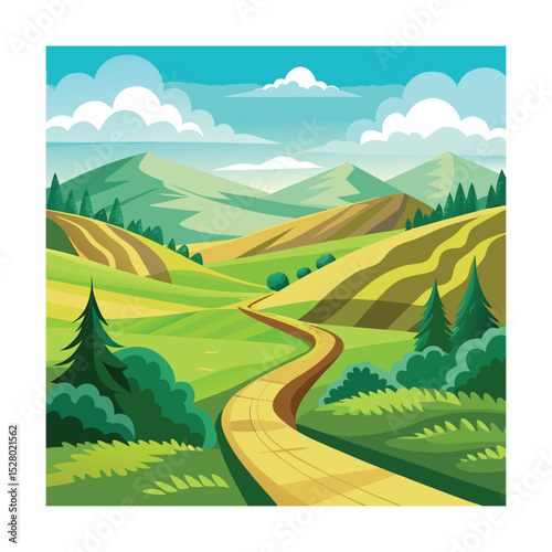Flat vector countryside in summer with barns and river