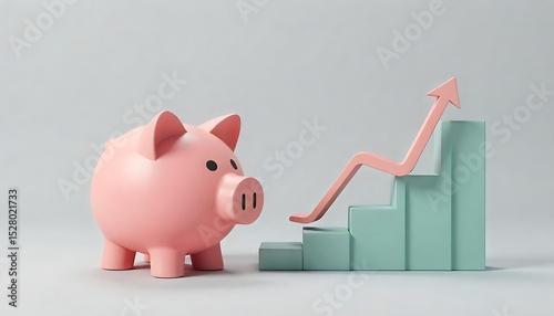  Savings money goal concept design of piggy bank with graph and chart with target arrow on grey background, Piggy bank saving money concept, created with generative ai