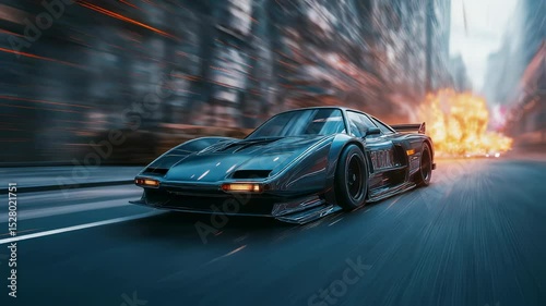 Blockbuster action shot of a car race. Fast 80s-style supercar speeding through a city street with a fiery explosion behind, captured in dynamic cinematic motion. Generated AI
