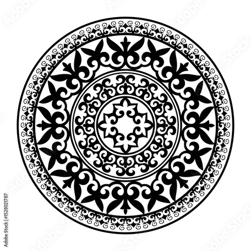 Round Kazakh national ornament. Oriental vector pattern. Round decor of the national pattern ancient nomad. Abstract Pattern of Turkic people, Kazakh, Kyrgyz, Mongol. For Medallion, embroidery, pillow