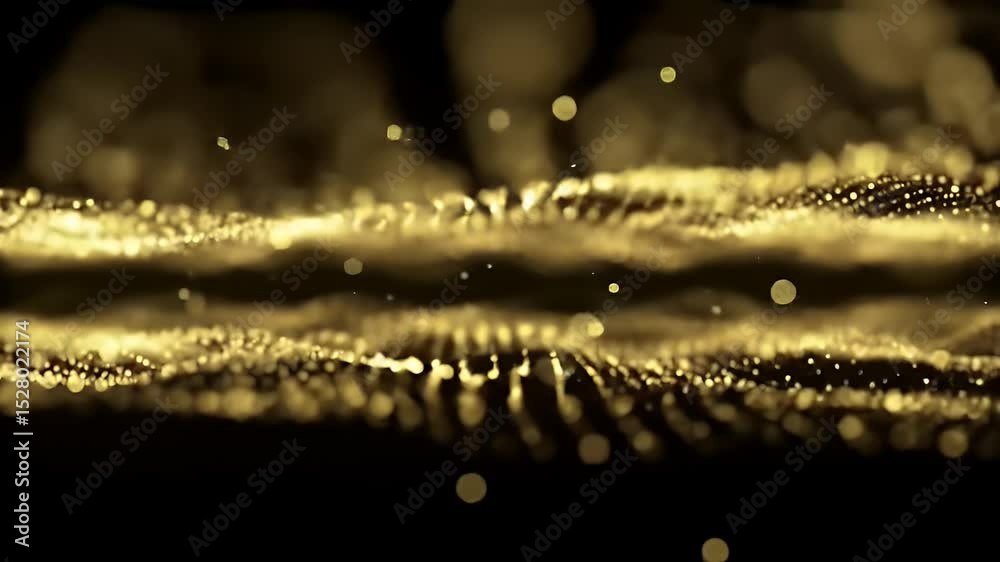 An abstract macro close-up of shiny golden light with sparkling water droplets and a background of animated golden bubbles. Perfect for science and technology designs. An abstract macro close-up of shiny golden light with sparkling water droplets and a background of animated golden bubbles. Perfect for science and technology designs.