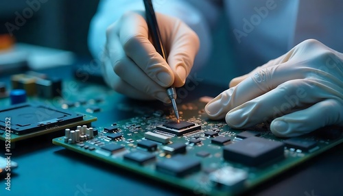Tech assemblying microchips on motherboard. Engineer in sterile gloves solders electronic components using special tool. Semiconductor manufacturing concept. Modern tech, created with generative ai