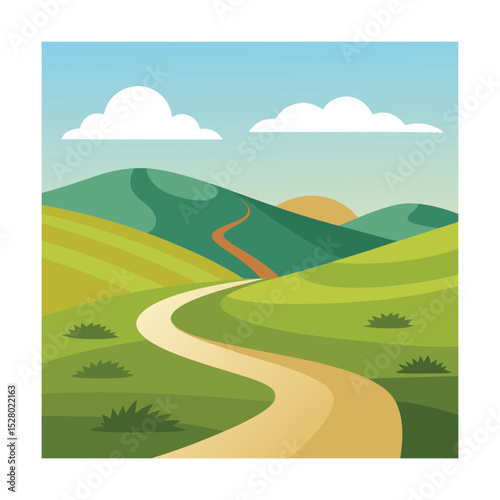 Flat vector countryside in summer with barns and river