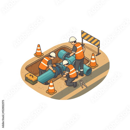 Construction Workers Repairing Underground Pipes Infrastructure Teamwork Safety