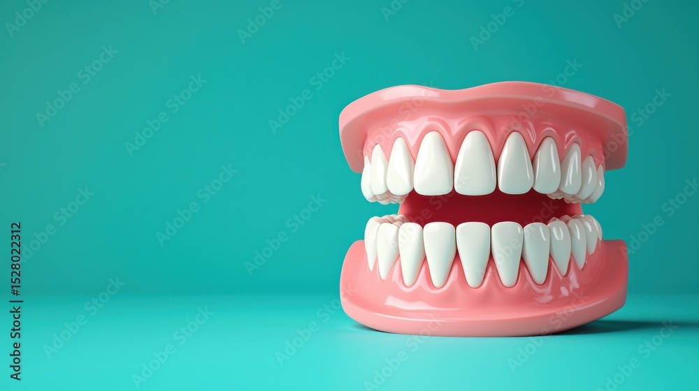 Fototapeta premium A pink and white dental model with teeth and gums on a teal background.