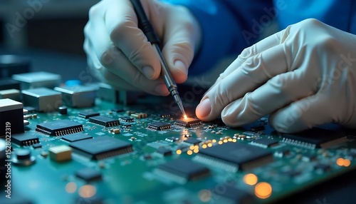 Tech assemblying microchips on motherboard. Engineer in sterile gloves solders electronic components using special tool. Semiconductor manufacturing concept. Modern tech, created with generative ai