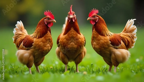 Three chickens feed on natural farm. Domestic birds peck grass, barnyard fowl cluster. Autumn colors, rural scene evokes farming, agriculture themes. Healthy organic food, created with generative ai