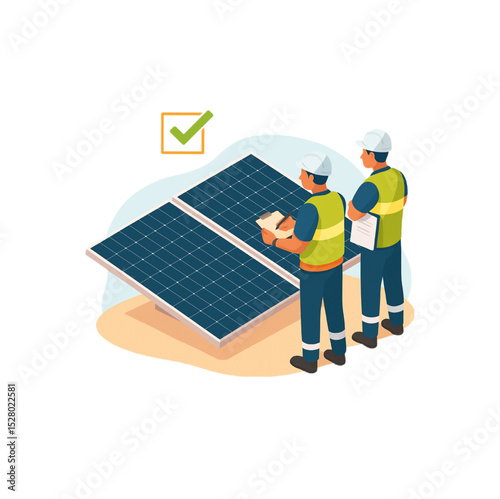Technicians Inspecting Solar Panels for Green Energy Sustainability and Renewable Power Solutions