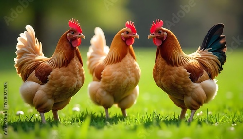 Three chickens feed on natural farm. Domestic birds peck grass, barnyard fowl cluster. Autumn colors, rural scene evokes farming, agriculture themes. Healthy organic food, created with generative ai