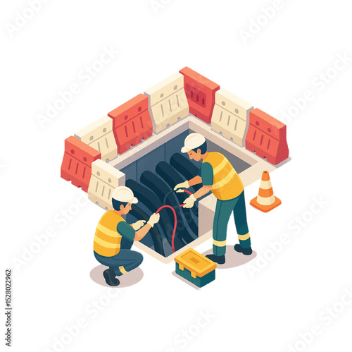 Underground Cable Repair Workers Illustrative Vector Art showcasing two utility workers diligently repairing cables in a manhole