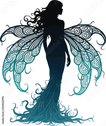 Winged girl's elegant silhouette with a flowing floral hairstyle and graceful bird swirl design