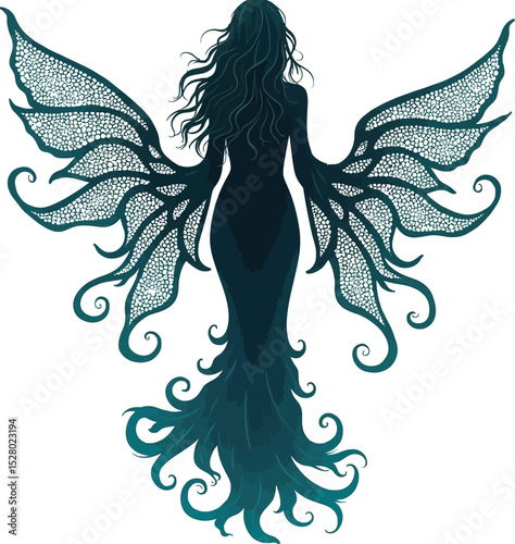 Winged girl's elegant silhouette with a flowing floral hairstyle and graceful bird swirl design