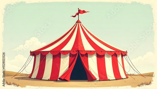 Vintage circus tent illustration. Retro design with striped pattern, red, white colors. Carnival, amusement, show, festival vibes. Classic fun, joyful entertainment, created with generative ai