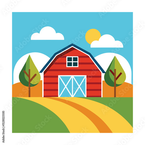 "Scenic Red Barn Farm Landscape with Hills and Sunset Sky"

