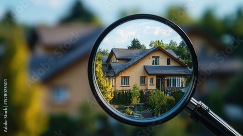 A magnifying glass focusing on a house, revealing its details and surroundings.