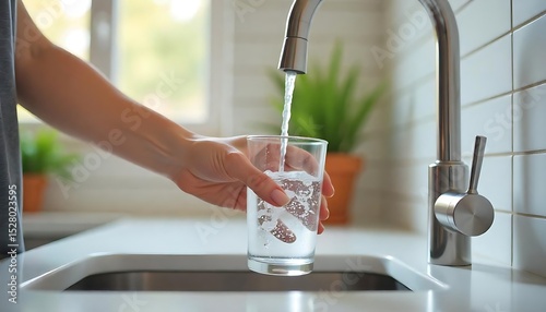 Woman hand fills glass water from tap. Crystal clear water flows from faucet into glass. Kitchen interior. Healthy lifestyle. Hydration, drink, refreshment, clean water, created with generative ai