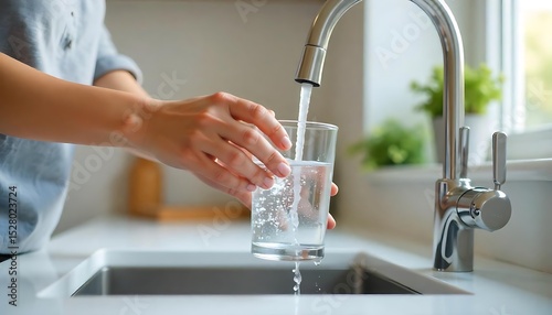 Woman hand fills glass water from tap. Crystal clear water flows from faucet into glass. Kitchen interior. Healthy lifestyle. Hydration, drink, refreshment, clean water, created with generative ai