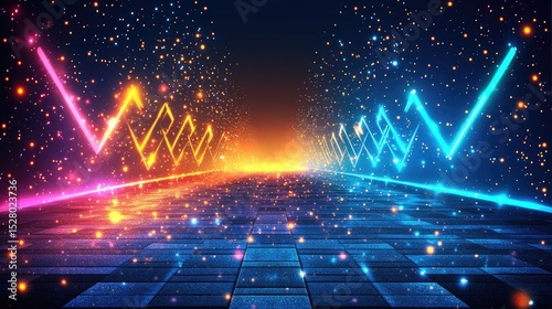 Neon pathway with glowing patterns and sparkling floor.