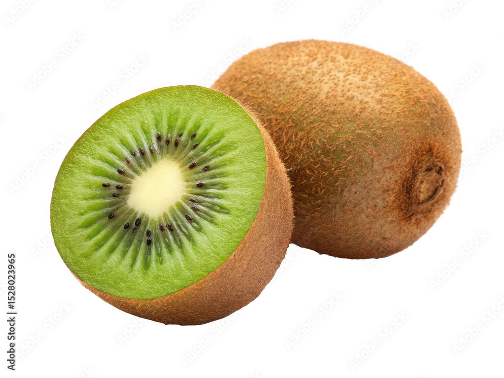 Obraz premium kiwi fruit png green sliced kiwi png fuzzy tropical fruit png vitamin-rich fruit close-up png exotic juicy berry png healthy diet snack png transparent background image