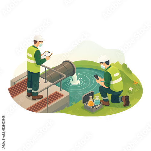 Two environmental engineers in safety gear conduct water quality testing near a pipe discharging water into a pond.  They use a clipboard and a smartphone for data collection and analysis, emphasizing