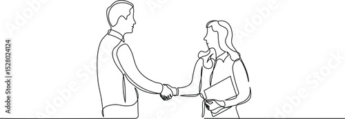 Job interview - vector modern simple one continuous line design composition with recruiter and candidate. Continuous Line Drawing of man and women are shaking hand and talking. Vector illustration