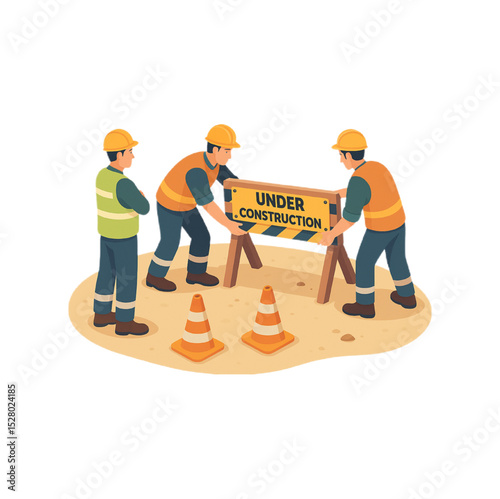 Construction Workers Installing an Under Construction Sign at a Site with Traffic Cones
