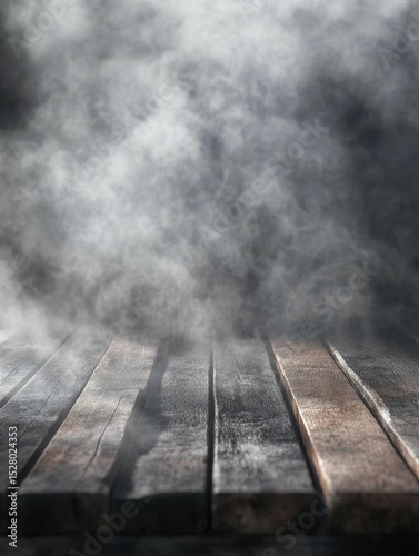detailed color picture of old wooden platform with smoke in the background high detail 8k