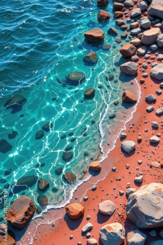 vivid tide pool in an illustrative style, using cerulean and coral tones, delicate lines, natural patterns, tranquil setting, high resolution