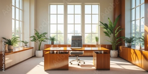 a brightly lit office with wood accents