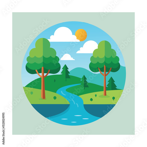 Flat vector field with tree line and peaceful river