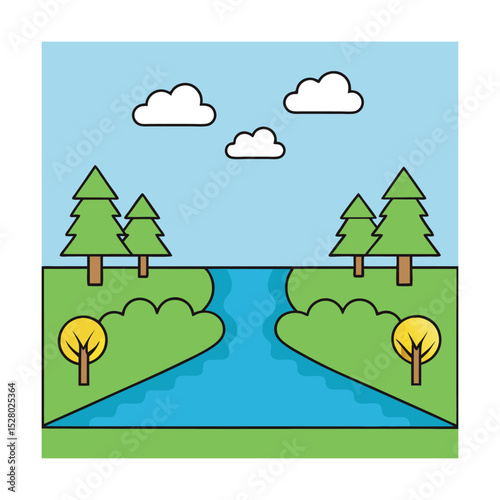Flat vector field with tree line and peaceful river