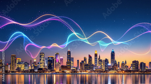 A vibrant city skyline at dusk with glowing neon waves in the sky, symbolizing modern technology, innovation, and urban energy.