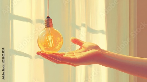 A hand holds a glowing lightbulb by a window.