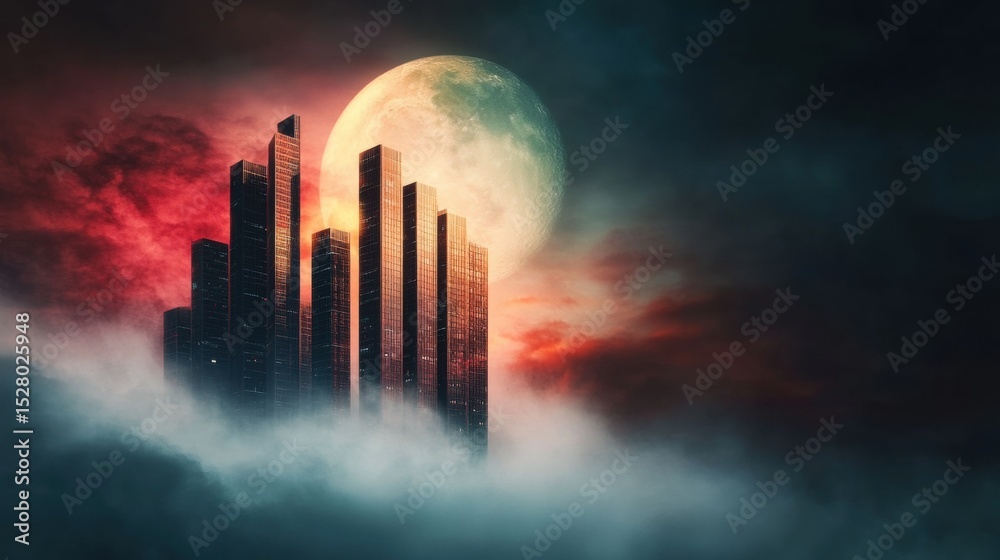 Fototapeta premium Modern skyscrapers rise above fog with a dramatic moonlit backdrop
