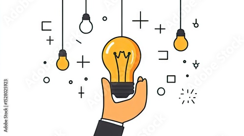 Hand holding a lightbulb, surrounded by other lightbulbs and design elements.