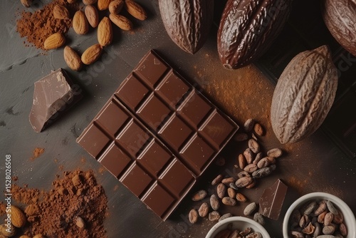 Ultra Hd Picture of Flat Lay Delicious Chocolate Tablets and Cocoa