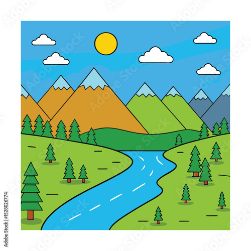 Flat vector flatlands with river and distant mountains