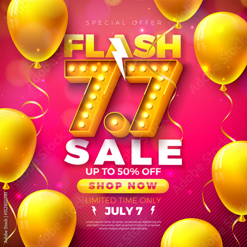 7 July Shopping Day Flash Sale Design with 3d 7.7 Light Bulb Billboard Number and Party Balloon on Red Background. Vector Summer Special Offer 50 Percent Off Campaign Discount Illustration for Coupon