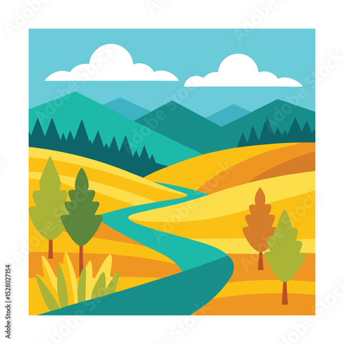 Flat vector golden fields with distant trees and river