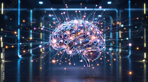 A glowing futuristic artificial intelligence brain with interconnected neon nodes in a high-tech environment, symbolizing AI, innovation, and advanced technology.