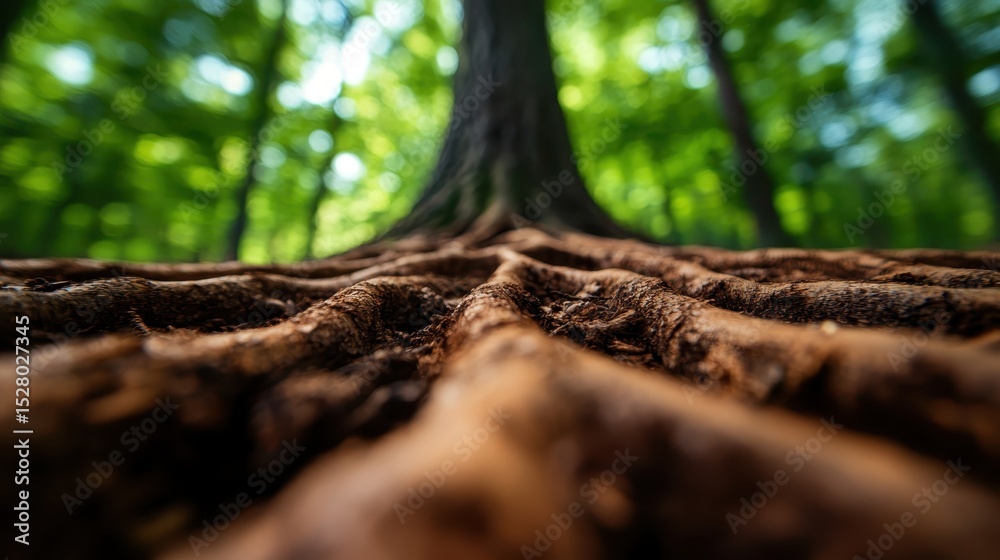 Fototapeta premium An artistic perspective on the roots of a tree, partially exposed in a forest setting. The natural patterns and texture signify strength and resilience in nature's ecosystem.