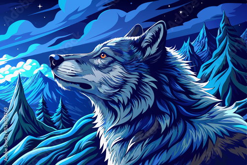 Vector illustration of wolf howling on a snowy cliff at night, perfect for summer themes, wildlife scenes