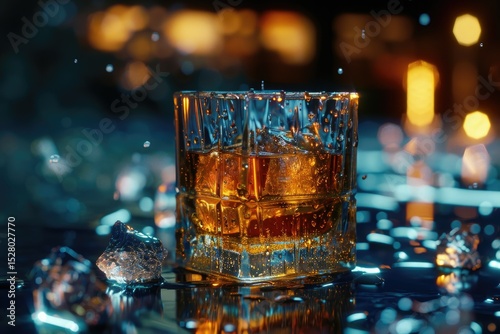 Ultra Quality Picture of Whiskey Alcohol Drink Bar Ice Table Liquid Night
