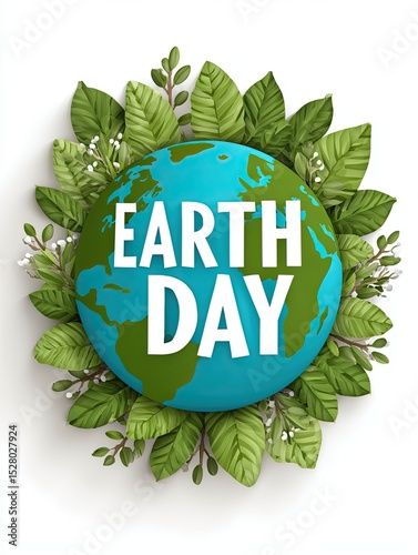 Environment & Sustainability Illustration Isolated on White Background Earth Day Celebration with Globe and Greenery for Eco-Friendly Awareness