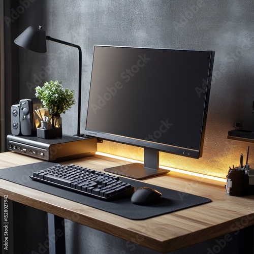 Modern Minimalist Home Office Setup with Sleek Black Computer and Desk Accessories