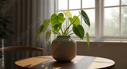Philodendron Hederaceum Plant in a Cream Pot on Round Wooden Table photo