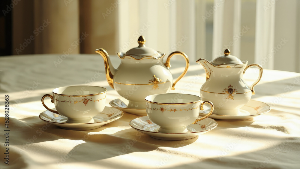 Fototapeta premium Elegant porcelain tea set gold accents sunny window light