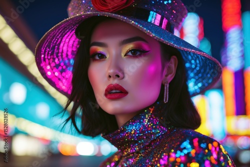Vibrant urban night portrait of a woman with colorful makeup and dazzling outfit in a neon cityscape